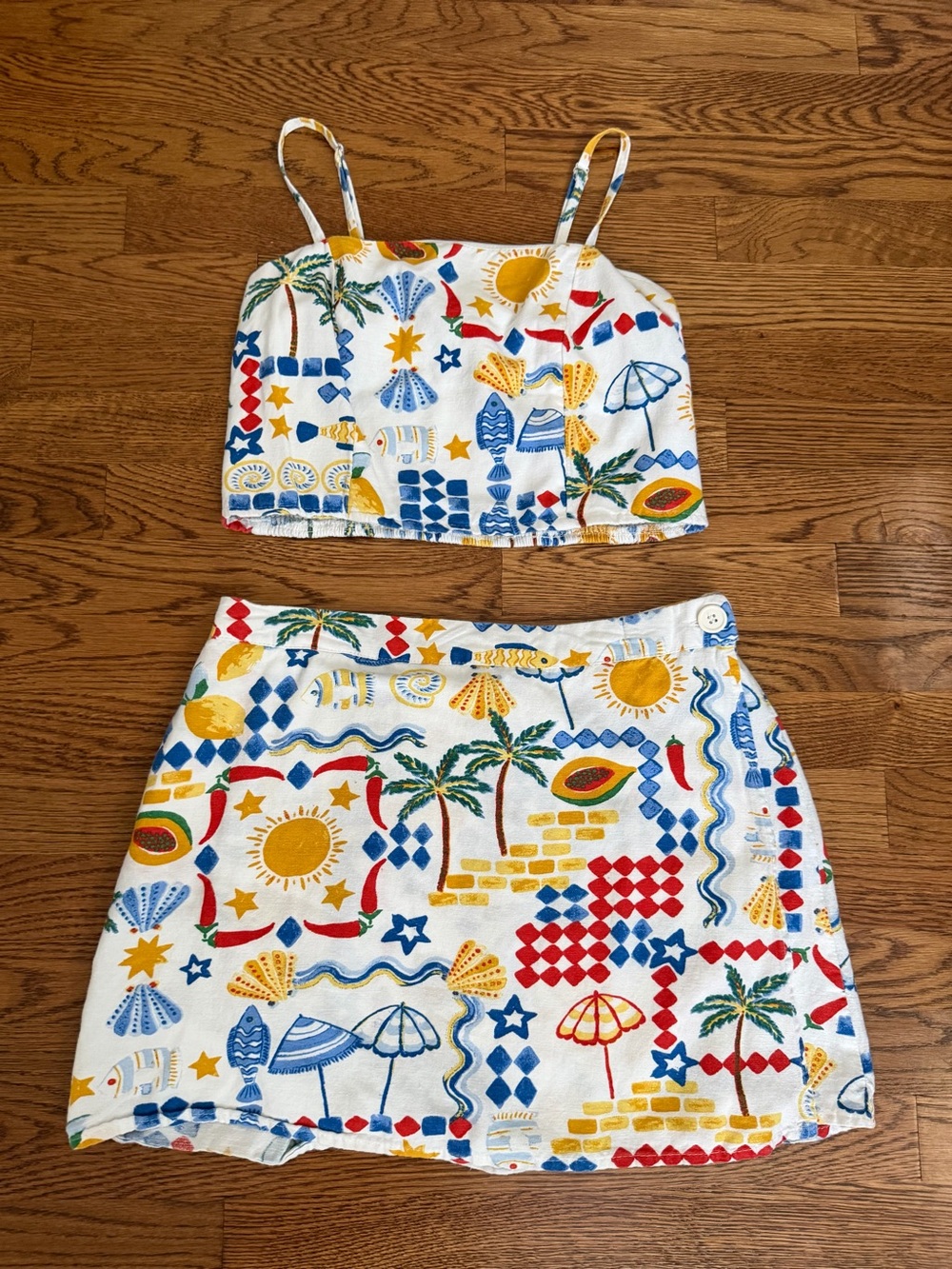 Tropical Print Two-Piece Skirt Set - White with Blue, Yellow & Red